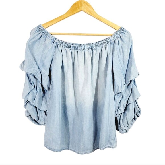 Distressed Chambray Off The Shoulder Tiered Balloon Sleeve Top in Light Blue - Picture 4 of 10